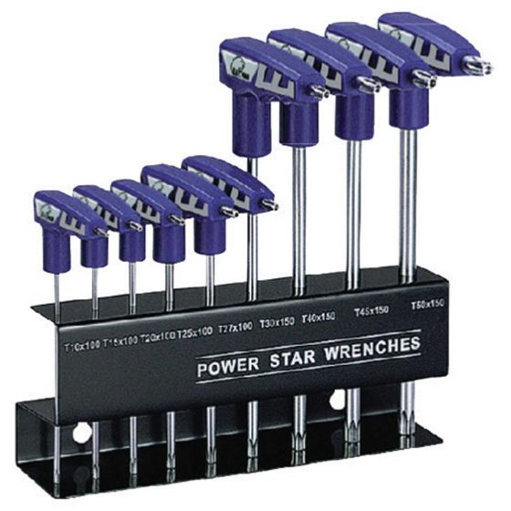A set of purple Torx keys mounted on a black holder, featuring various sizes labeled from T10 to T100, designed for precision fastening and easy access.