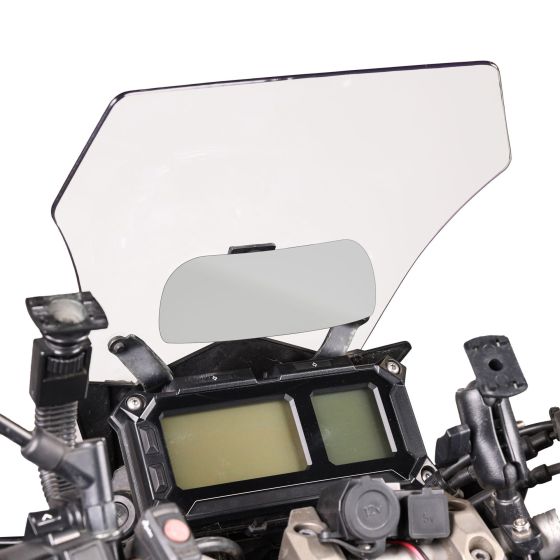 Detachable blind spot mirror with a clear, reflective surface mounted on a black motorcycle dashboard, featuring a sleek design and adjustable angle for enhanced visibility.