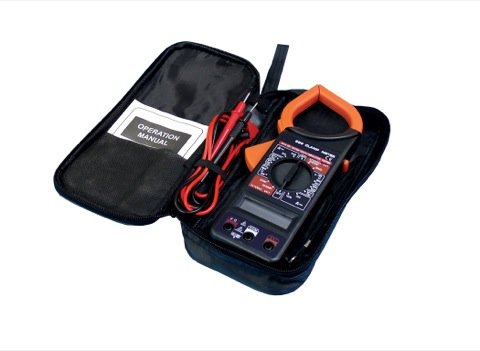 Digital AC/DC multi meter with a black and orange design, featuring a clamp for measuring up to 1000 amps and 1000 volts, housed in a zippered case with an operation manual and test leads.