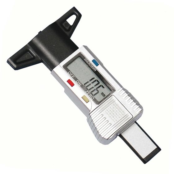Digital tyre tread depth gauge in silver and black, featuring a clear LCD display, measurement slider, and buttons for zeroing, designed for precise depth measurements in millimeters.