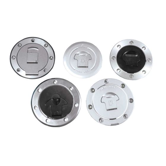 Silver fuel caps with a circular design, featuring a central locking mechanism and surrounded by a row of small screws, compatible with various Honda motorcycle models.