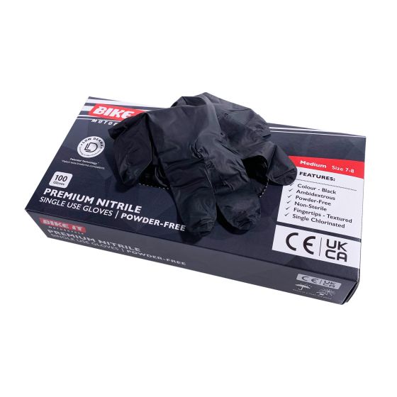 Black nitrile disposable gloves in a box, featuring a textured surface, powder-free design, and labeled as XL size, with 100 gloves included.