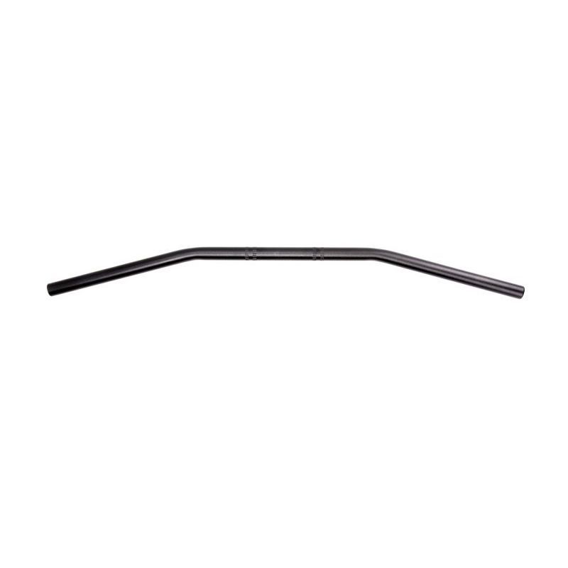 Black aluminum drag handlebar with a universal fit, featuring a sleek, minimalist design and a shot-peened finish for enhanced durability and grip.