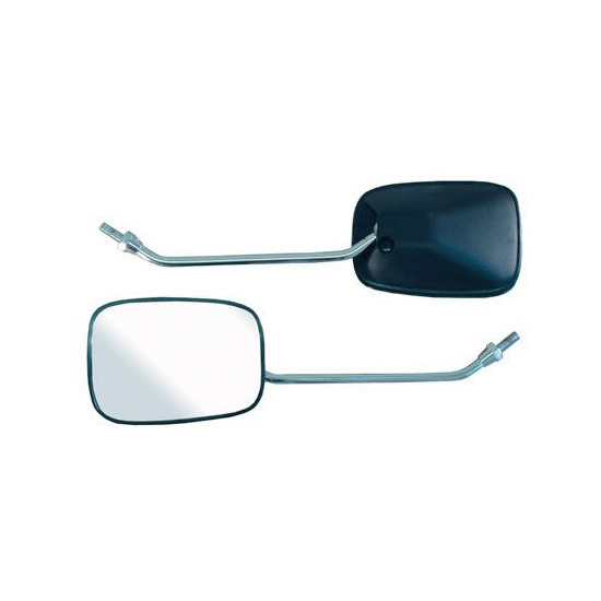 Dual-sided motorcycle mirror in black and silver, featuring a rectangular shape, chrome arm, and a sleek design, compatible with Yamaha bikes.