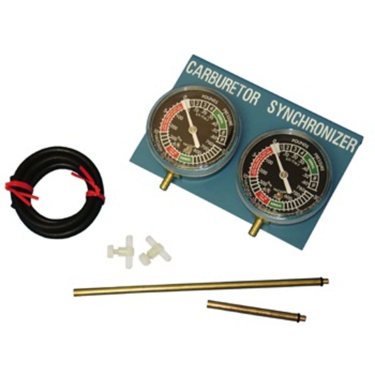Two round vacuum gauges with black dials and colored indicators, mounted on a blue panel, accompanied by a black hose and metal tubes for carburetor synchronization.