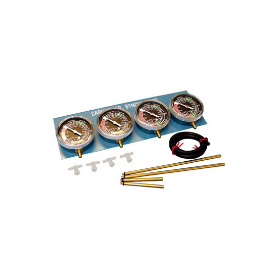 Four round gauges with metallic faces, marked for carburettor synchronization, mounted on a blue backing, accompanied by brass rods and connectors.