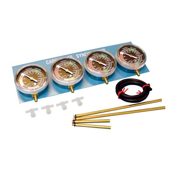 Four vacuum gauges with brass tubes, featuring a blue casing and clear dials, accompanied by a black rubber hose and four brass rods for engine synchronization.