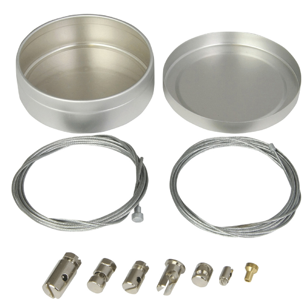 Silver aluminum container with a removable lid, accompanied by two steel cables and various metal connectors for emergency clutch and throttle repairs.