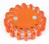 Bright orange LED hazard flare beacon with a circular design, featuring a clear lens and magnetic base for easy attachment, ideal for emergency visibility.