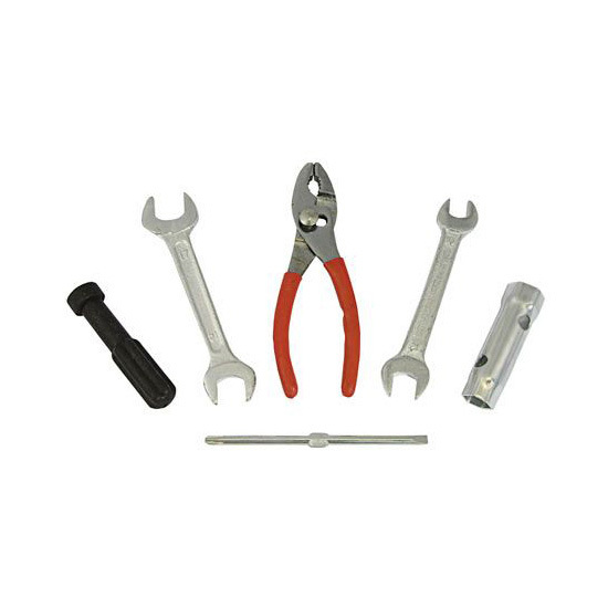A collection of silver metal tools including wrenches, pliers with red grips, a black screwdriver, and a silver multi-tool, arranged on a white background.