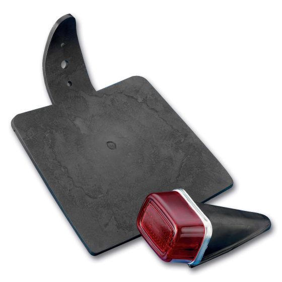 Red 6V rear light with a black plastic housing and a number plate flap, featuring a sleek design and a reflective lens for visibility.