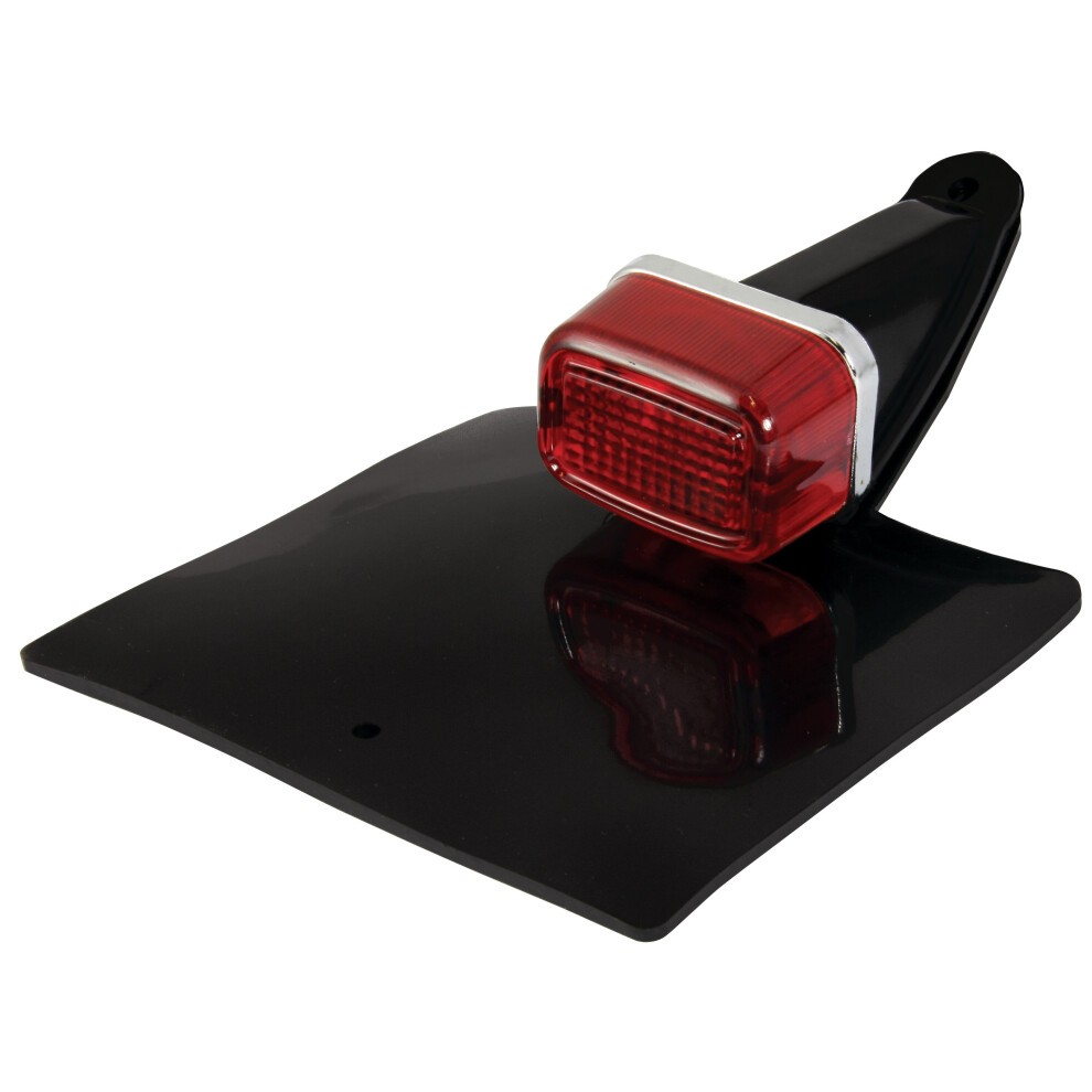 Red rear light with a rectangular lens, mounted on a black plastic number plate flap, featuring a sleek design for universal 12V compatibility.