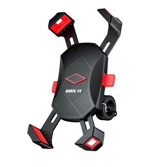 Black and red universal phone holder with adjustable grips, designed for quick hold and release, featuring a sturdy mounting bracket for bicycles.