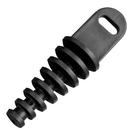 Black rubber exhaust bung with a tapered design featuring multiple ridges, designed for 2-stroke bikes, with a loop for easy attachment.