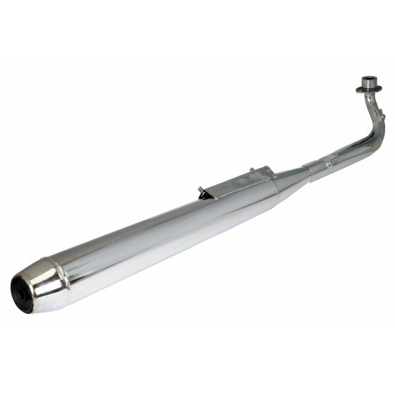 Chrome exhaust silencer for Honda C90 CUB, featuring a sleek, elongated design with a curved end and a mounting bracket, suitable for models from 1984 onwards.