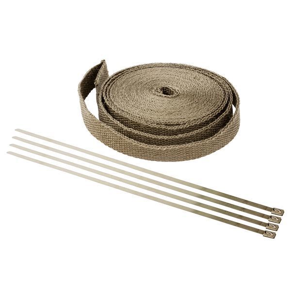 Titanium exhaust wrap tape in a tan color, made of durable material, accompanied by four metal tie straps for secure installation.