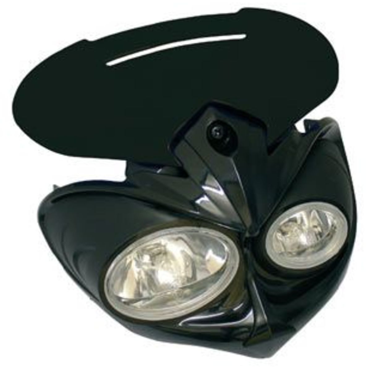 Black plastic fairing headlight with two clear lenses, featuring a sleek design and a black mounting plate on top, designed for 12V motorcycles.