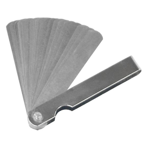 A stainless steel feeler gauge set with 26 pieces, featuring a fan-like design for easy measurement, marked with both metric and imperial graduations.