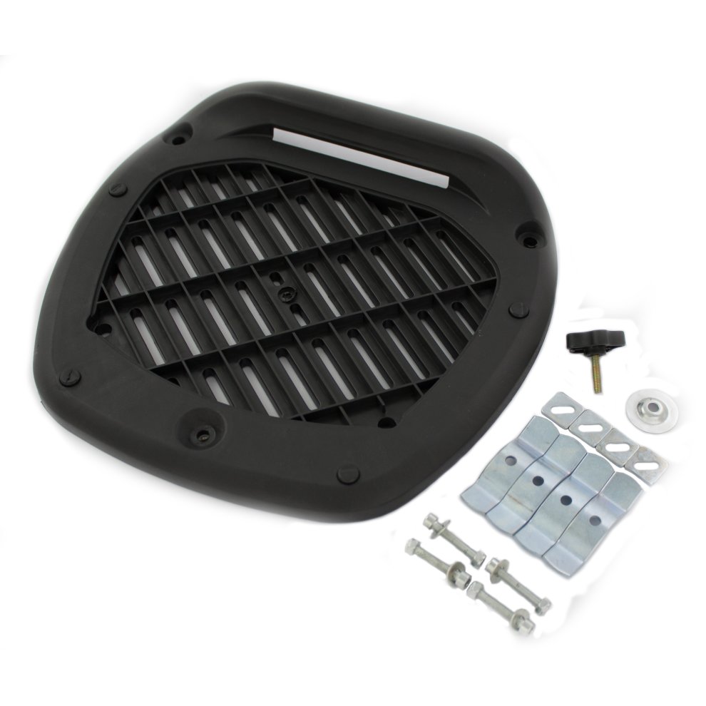 Black plastic replacement plate for a 24L BikeTek motorcycle scooter top box, featuring a slotted design, accompanied by mounting hardware including bolts and brackets.