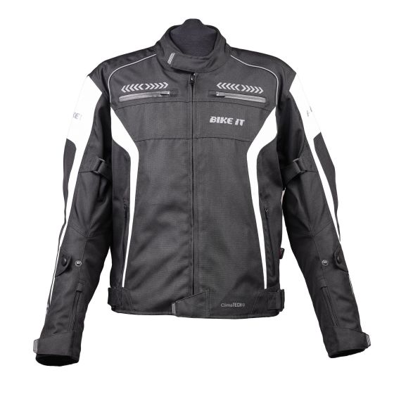 Black and white motorcycle jacket featuring a durable material, reflective accents, adjustable cuffs, and ventilation panels, designed for sports riding by Bike-It.