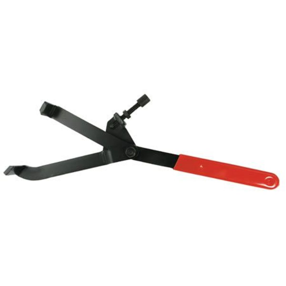 Black metal universal holder with a red plastic handle, featuring adjustable arms designed for flywheel and clutch pulleys, with a slot type fitting for sizes 70-125 mm.