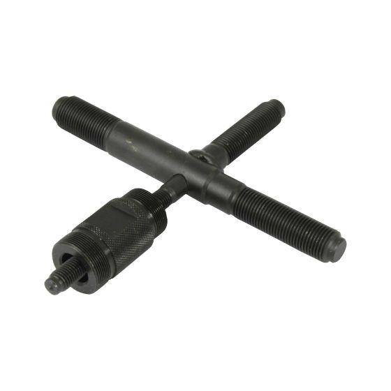 Universal flywheel puller tool in black metal, featuring a cross design with six threaded sizes for versatile use in bike maintenance.