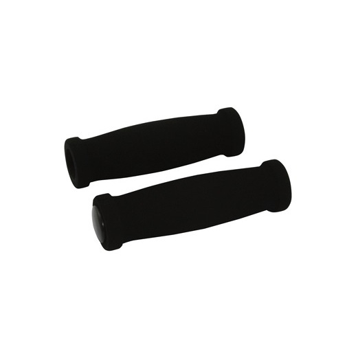 Black foam bike grips with a smooth texture, measuring 20 mm in diameter and 25 mm in length, designed for comfort and grip on handlebars.
