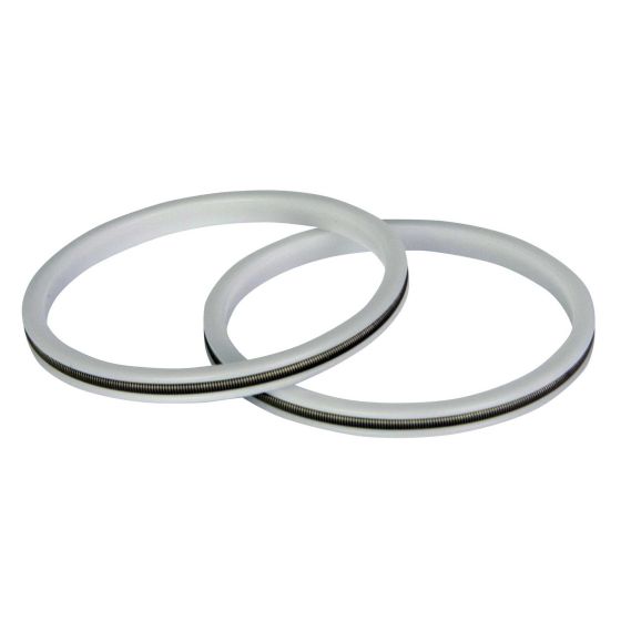 Two translucent white (48 MM) fork compression markers with a silver metallic band running around the center, designed for use with bicycles.