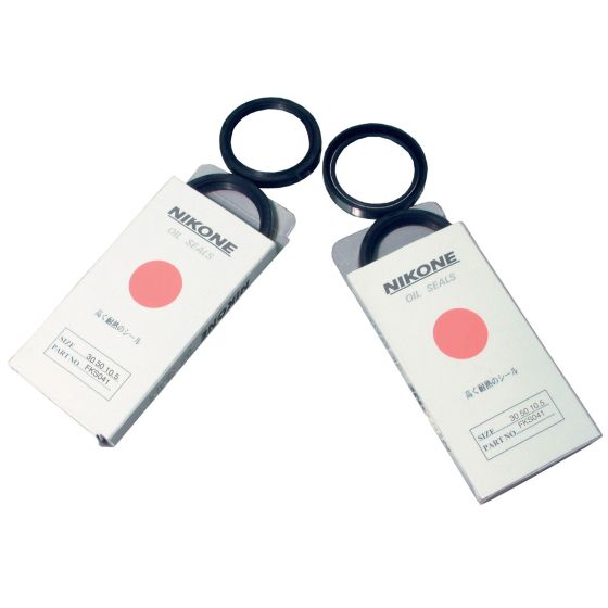 Black Nikone fork seals in a white and red box, featuring two circular seals with precise measurements of 26 x 37 x 10.5 mm, designed for bike maintenance.