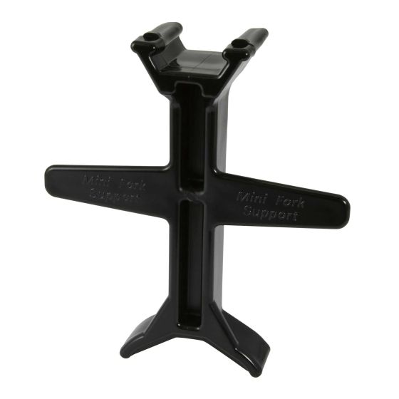 Black plastic mini fork support with a cross-shaped design, featuring "Mini Fork Support" embossed on both sides, designed for travel range of 19.5cm to 27.5cm.