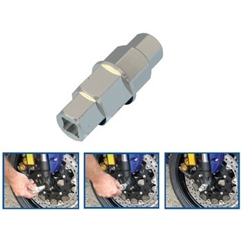 Shiny chrome front axle driver tool with multiple hex sizes (17mm, 19mm, 22mm, 24mm) designed for motorcycle maintenance, featuring a hexagonal shape for easy grip.