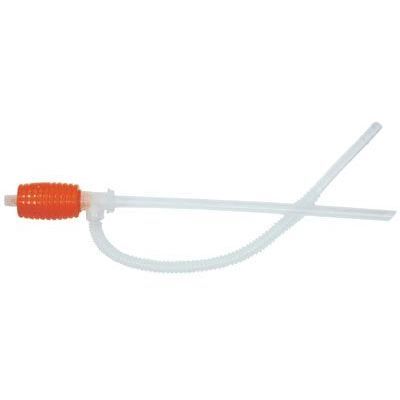Manual petrol syphon with an orange hand pump and clear flexible tubing, designed for transferring liquids efficiently.