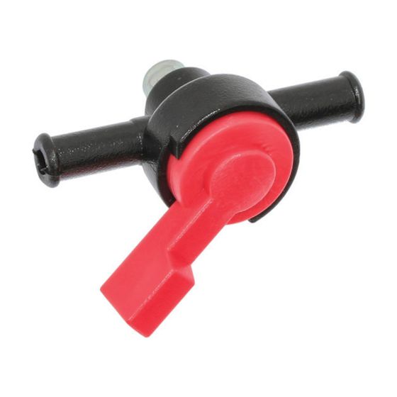 Black and red motorcycle fuel tap featuring a dual on/off lever, made of durable plastic, with two hose connections for fuel lines.