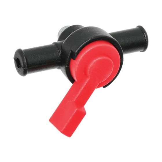 Black and red motorcycle fuel tap with dual on/off positions, featuring a red lever and durable plastic construction, designed for 8 mm hoses.