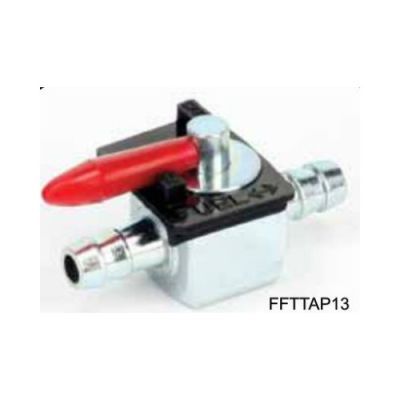 Metal-bodied silver fuel tap with a red lever, featuring dual on/off positions and 8mm connections, designed for motorcycle fuel systems.