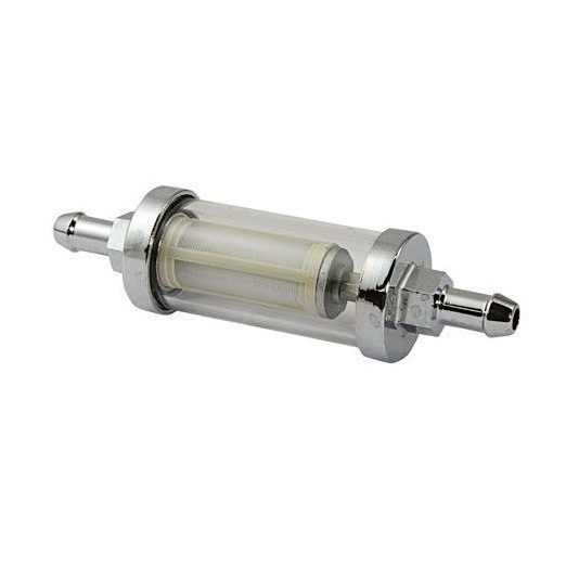 Inline fuel filter featuring a transparent glass body with chrome accents, designed for 6mm/8mm hoses, showcasing a cylindrical shape and dual inlet/outlet ends.