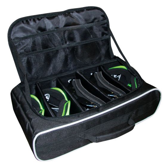 Black protective storage case for five motocross goggles, featuring a zippered closure, mesh pockets, and a sturdy handle for easy transport.