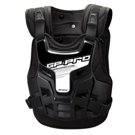 Black Bike It MX GP-Pro Evolution Lite chest and back protector features a durable design with adjustable straps and ventilation holes for enhanced comfort and safety.