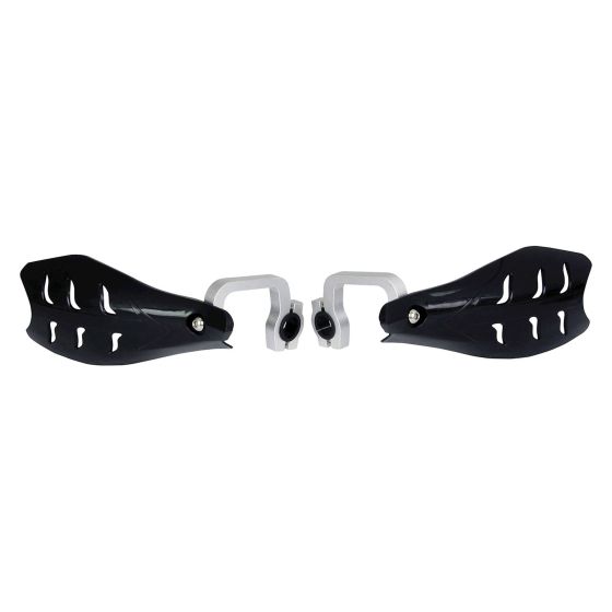 Black plastic handguards with a sleek design, featuring ventilation slots and silver mounting brackets for easy installation on a motorcycle.