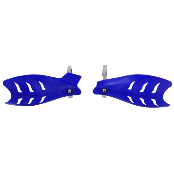 Blue plastic handguards with a sleek design, featuring ventilation slots and metal mounting brackets, ideal for motorcycle protection and style.