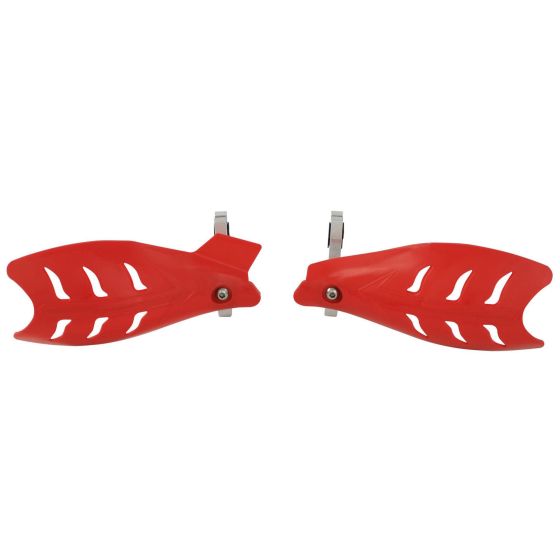 Red plastic handguards with a sleek design, featuring ventilation slots and metal mounting brackets, designed for motorcycle protection.