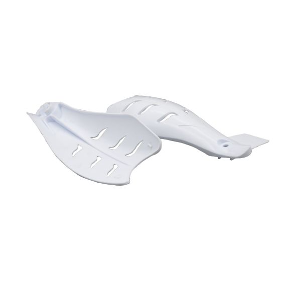 White plastic handguards with aerodynamic design and ventilation slots, designed for bike protection and style, featuring a sleek, lightweight construction.