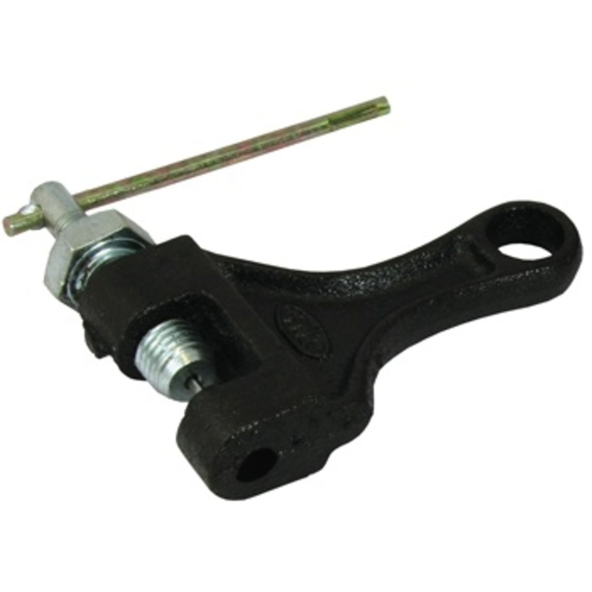 Heavy-duty black metal chain breaker tool with a silver screw and a gold pin, designed for all chain sizes, featuring a sturdy lever for easy use.