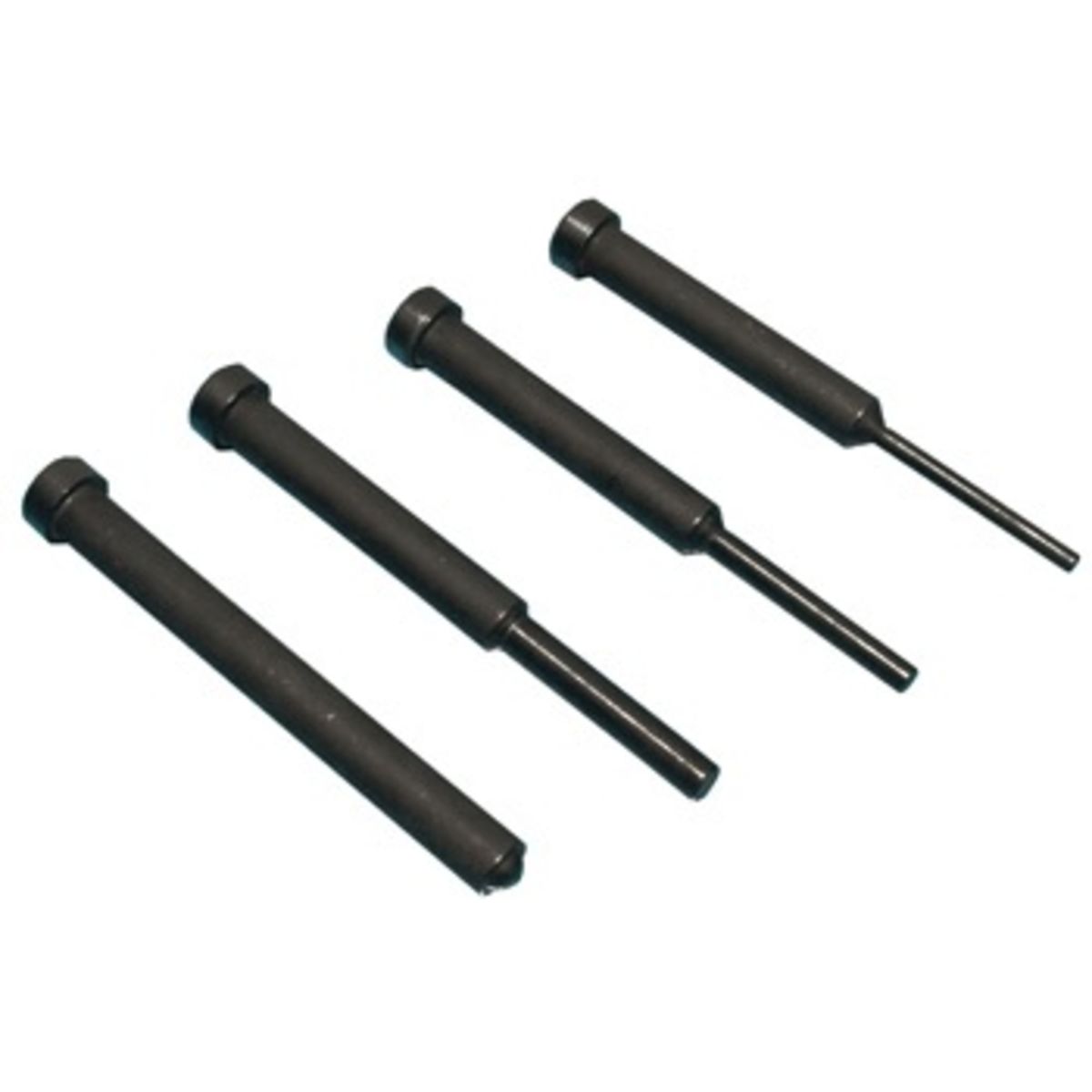 Four black metal replacement pins of varying lengths for a heavy-duty chain tool kit, designed for durability and precision in bike maintenance.