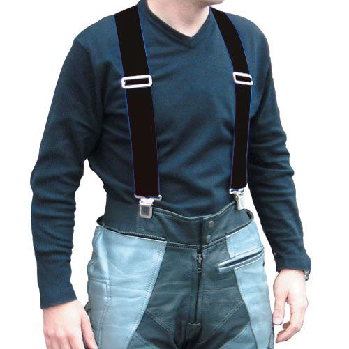 Black trousers braces made of durable material, featuring metal clips, worn over a dark long-sleeve shirt, paired with blue leather pants.