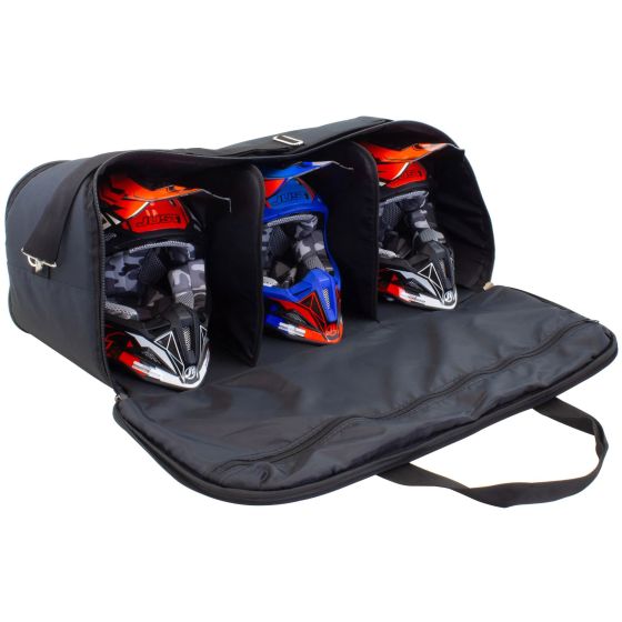 Black helmet carrier bag with three compartments, each holding a brightly colored helmet, featuring a sturdy zipper and a carry handle for easy transport.