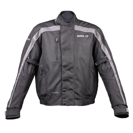 Black waterproof bomber jacket with reflective gray stripes, zippered chest pocket, and adjustable cuffs, designed for motorcycle use by Bike-It.