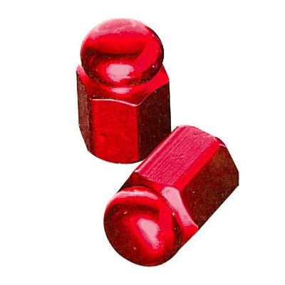Red hexagon valve caps with a shiny finish, featuring a rounded top and a textured side for easy grip, designed for bicycle tires.