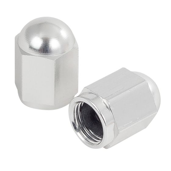 Chrome hexagon valve caps with a shiny metallic finish, featuring a rounded top and threaded interior for secure attachment to bike tires.