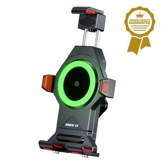 High-grade black and red bike phone holder with a green LED ring, designed for 15W QI wireless charging, featuring waterproof construction and vibration dampers.